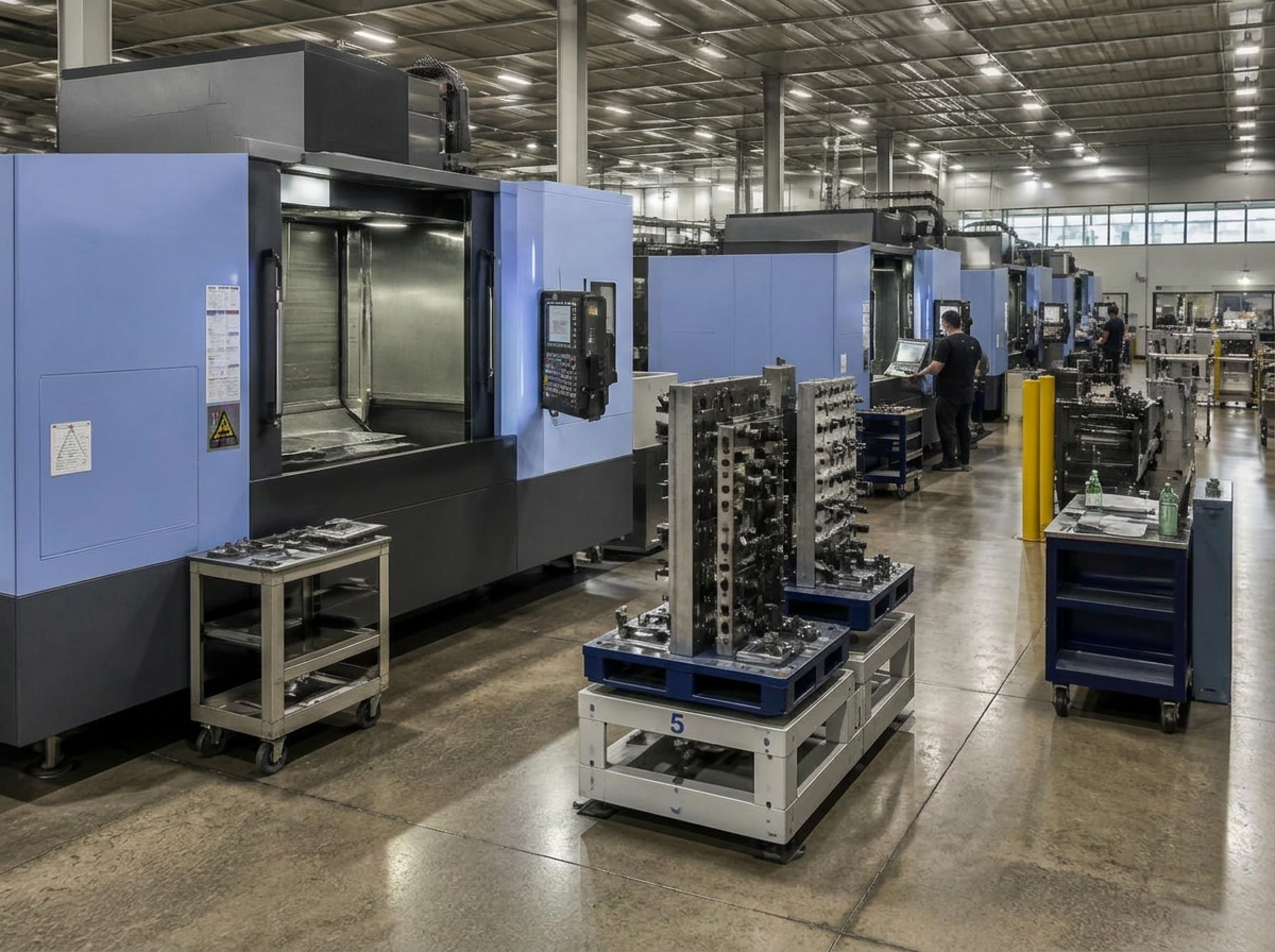 Precision machine shop floor with CNC machining centers
