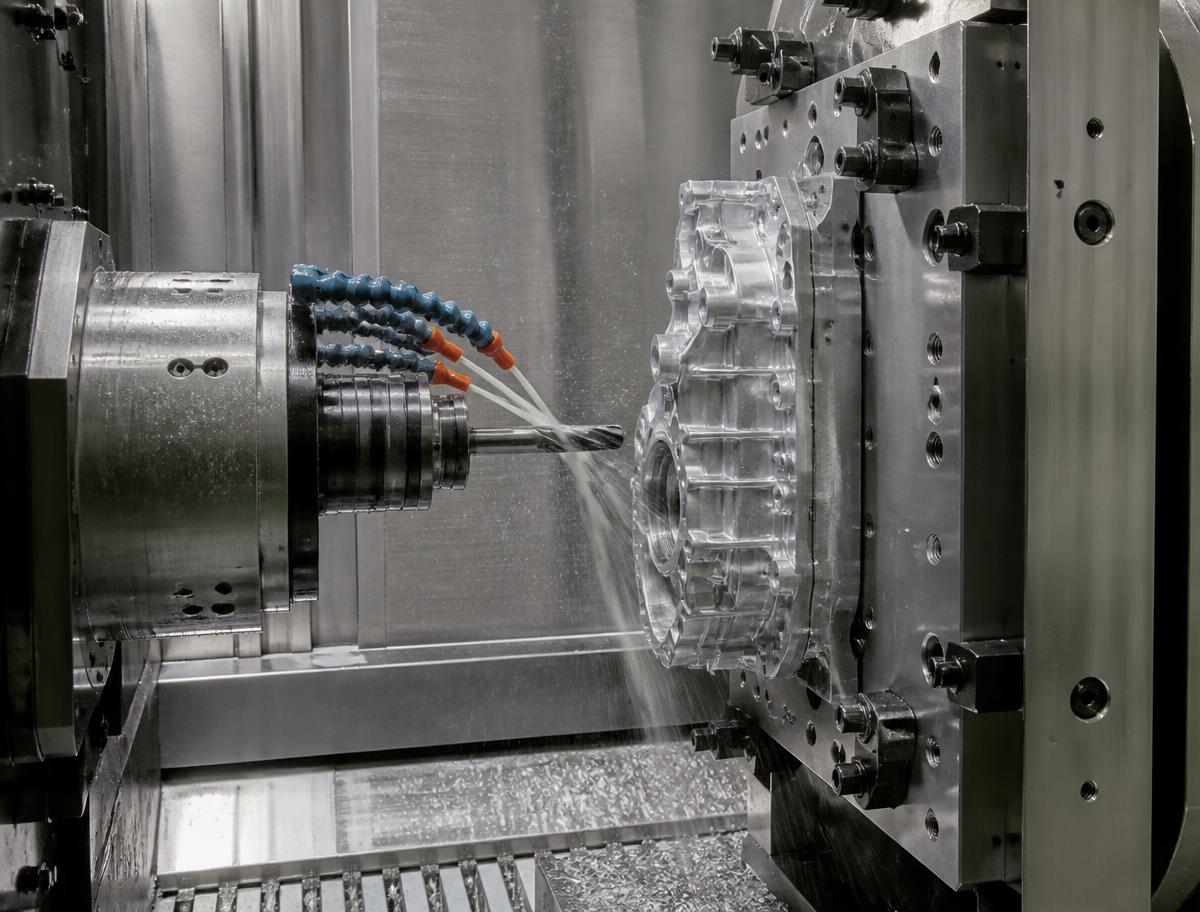 CNC milling operation with cutting tool machining a steel part (representative image)