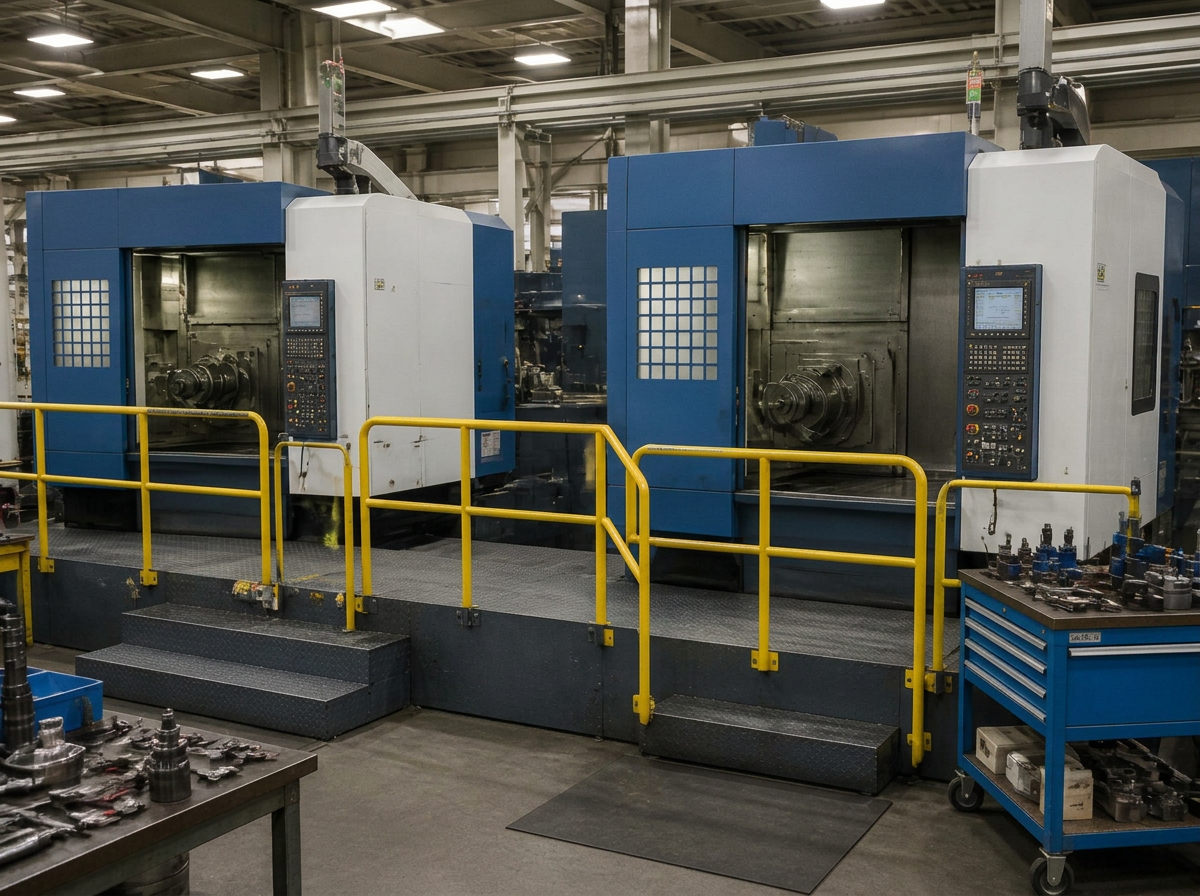 Industrial machine shop with rows of CNC machines (representative image)